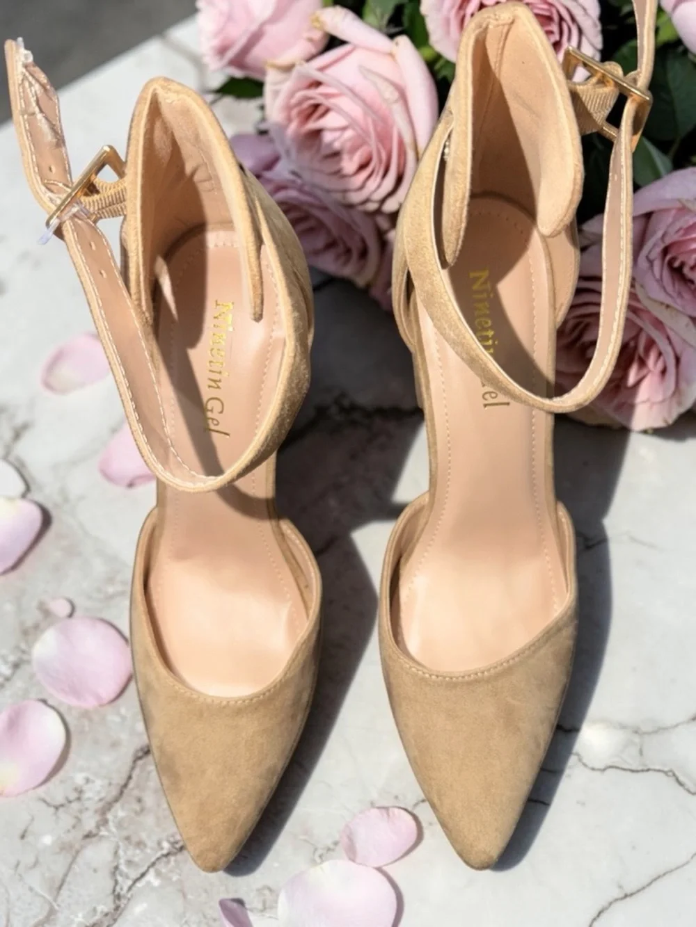 NINETIN GEL Beige Pointed Toe Ankle Strap Heels Size 8 - Picture 2 of 6